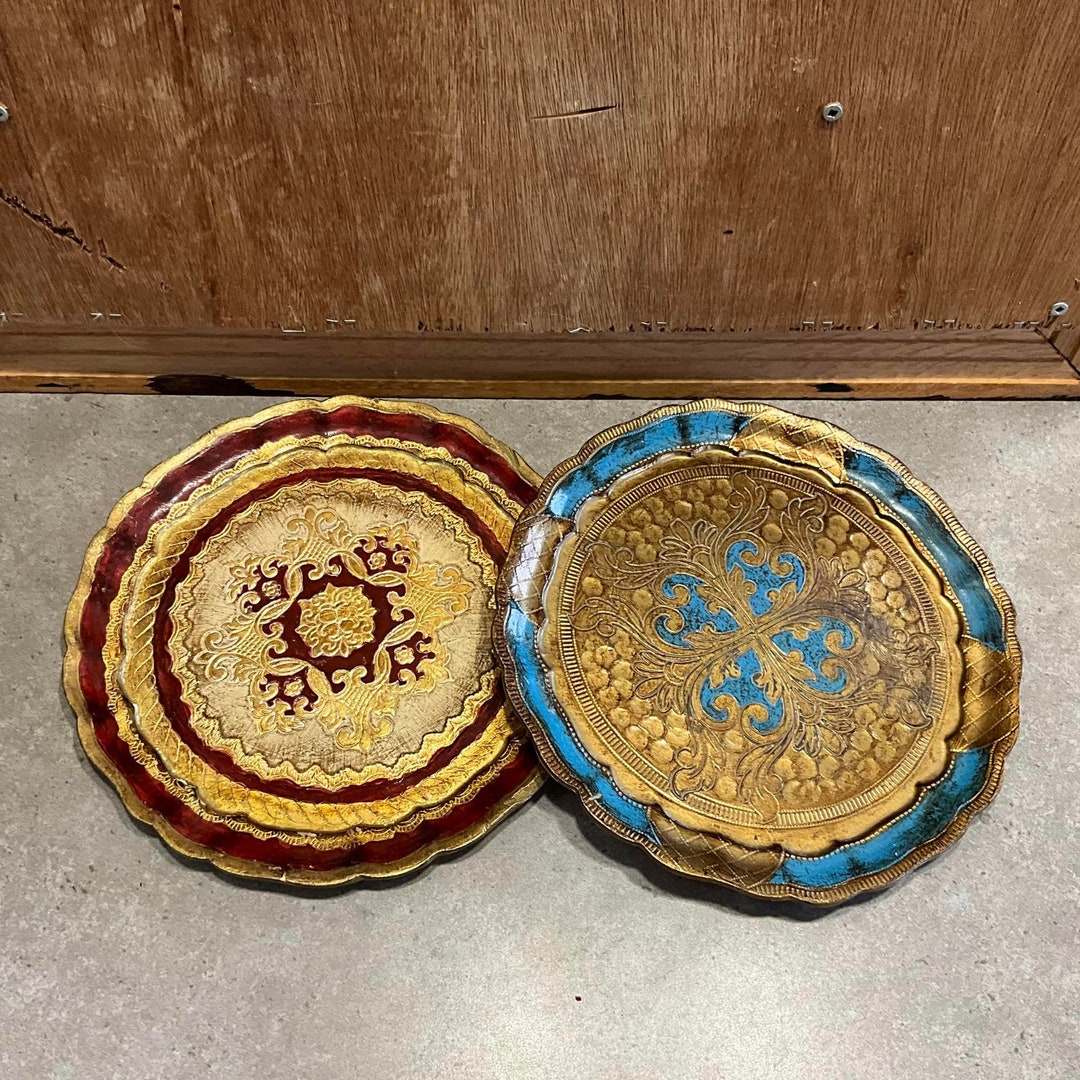 2 Vintage Florentine Tray Set Hand Painted Blue and Red Gilt Gold Italy ...