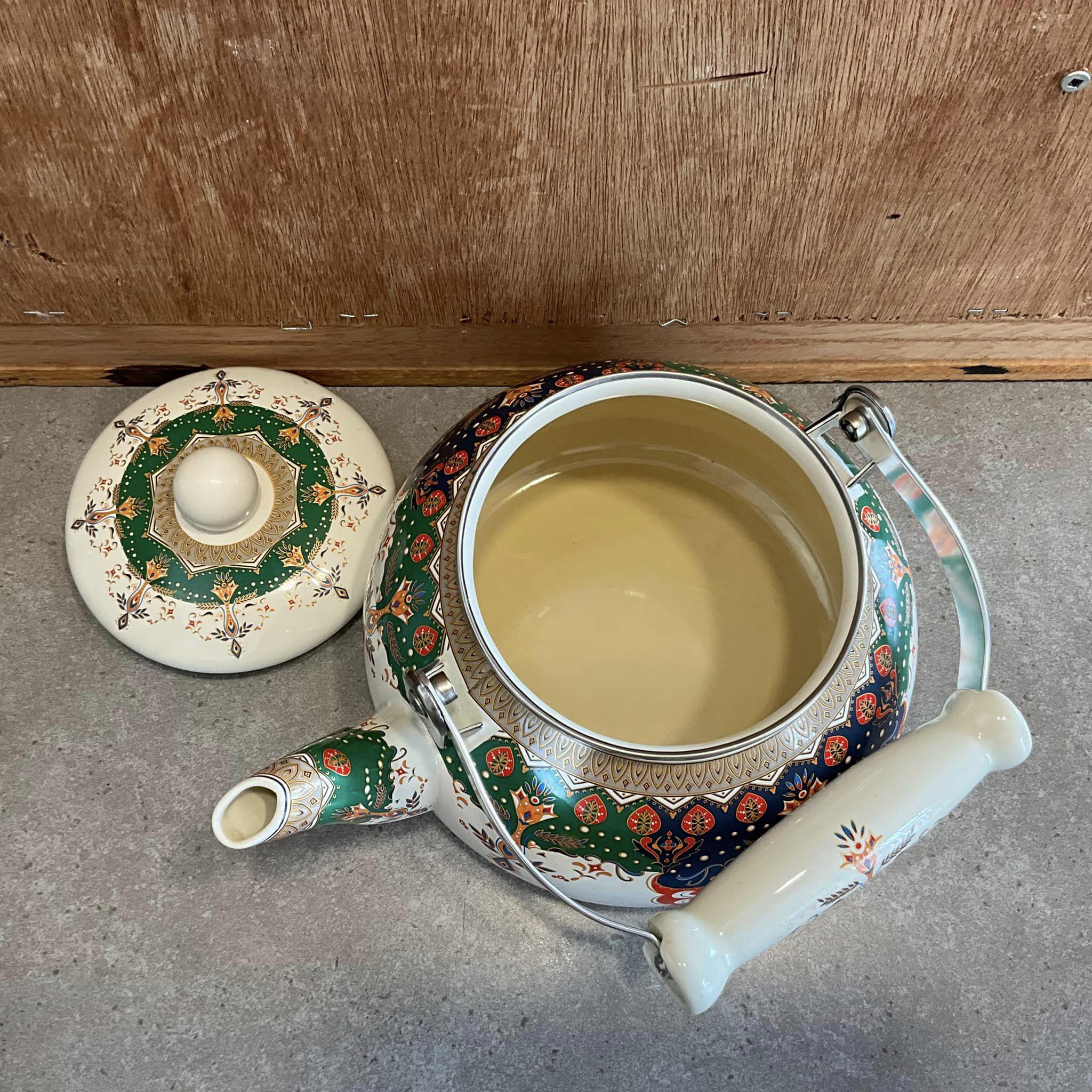 Yarlung Bouilloire à thé en émail pour cuisinière, théière vintage à motif floral en acier émaillé avec poignée en céramique pour eau chaude, sans sifflement