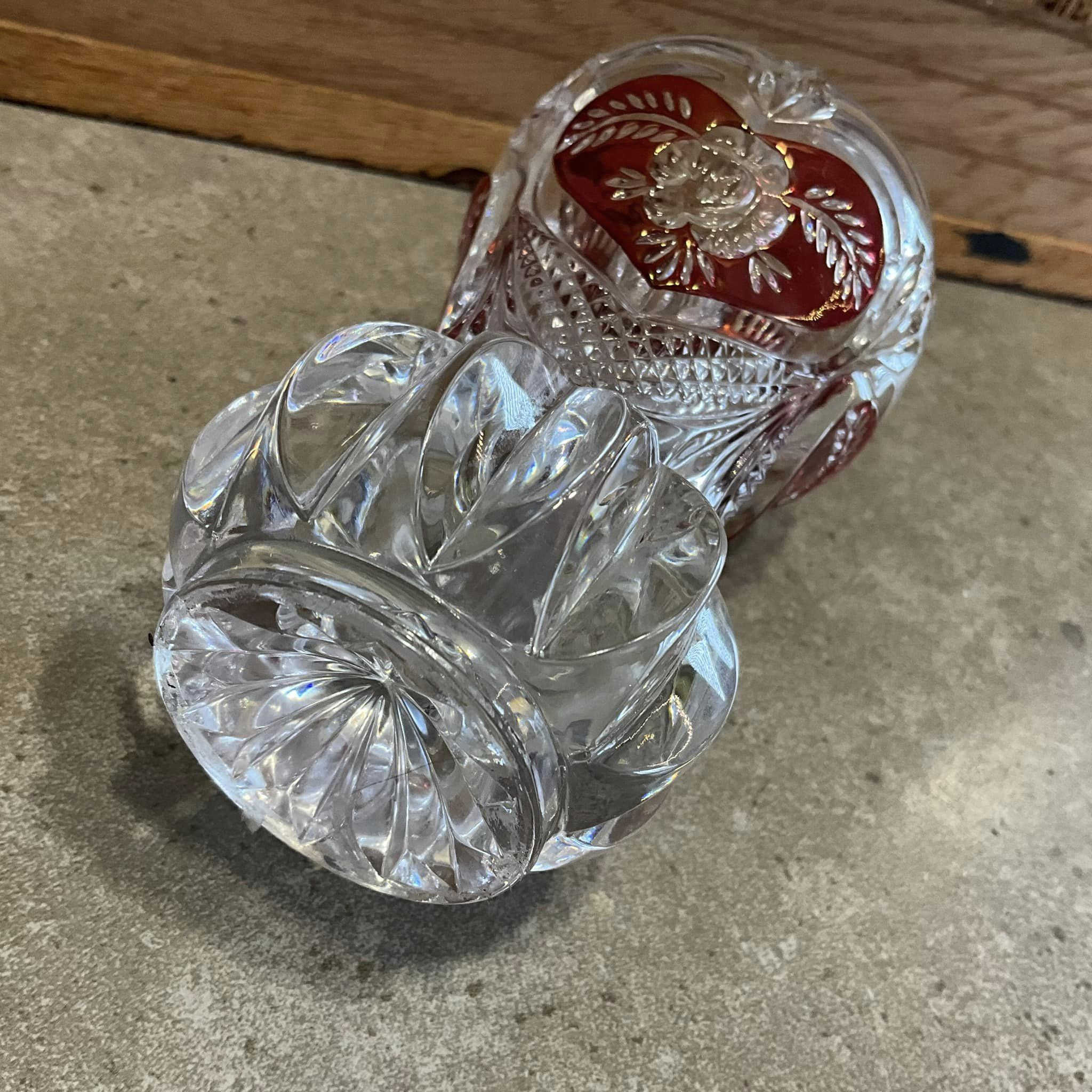 ヴィンテージカット クリア レッド ハート ローズ スモール 花瓶 3.8
