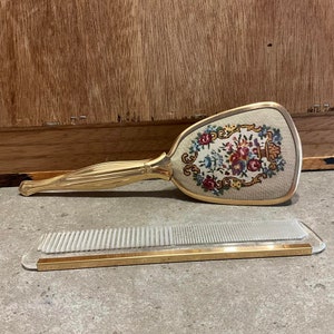 2 pc Vintage Vanity Set, Comb and Brush Grooming Set, Gold Design Boudoir Dressing Room Hollywood Regency