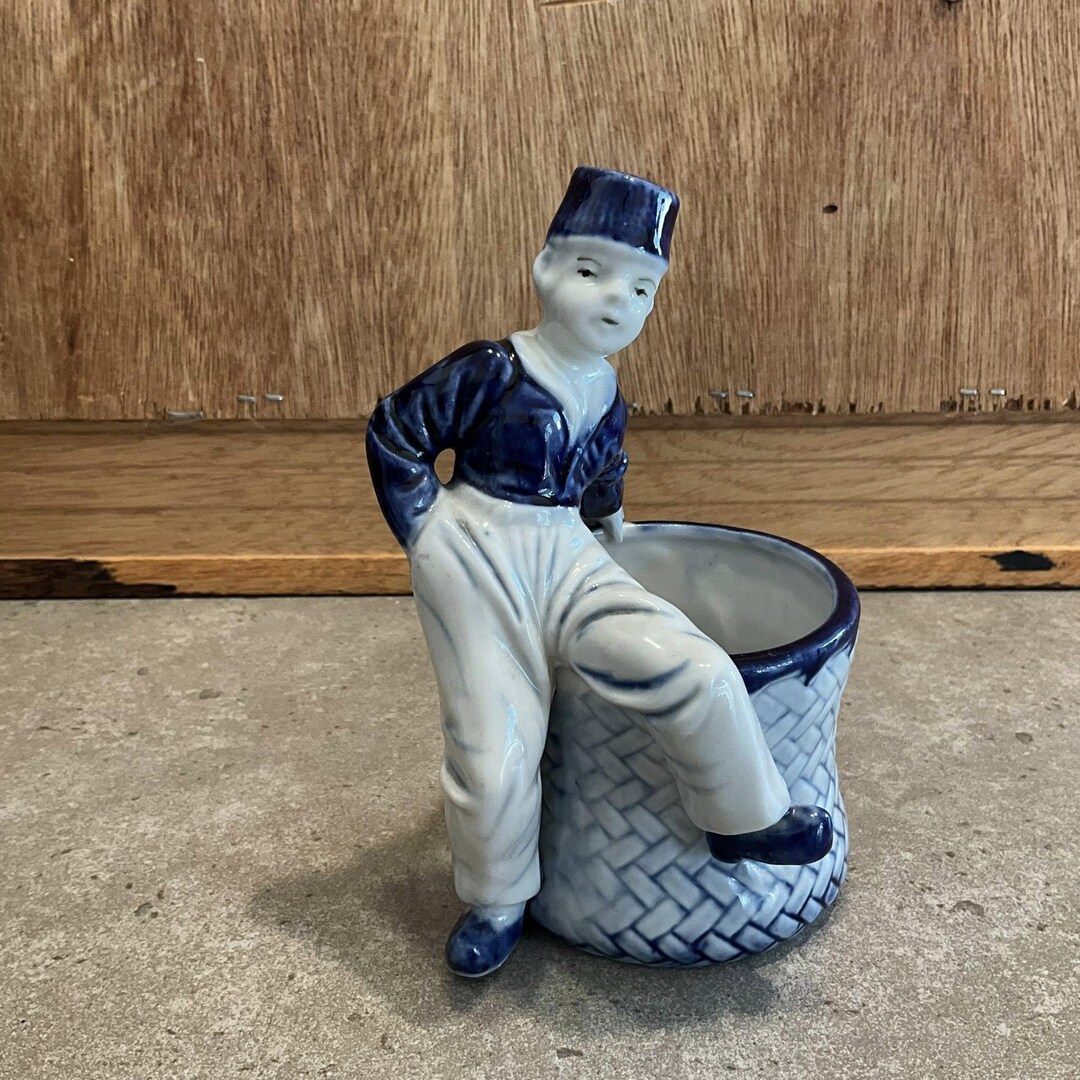 Vintage Porcelain Figurine Planter With Dutch Man, Blue and White - Etsy