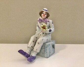 Vintage Schmid Music Box Clown porcelain sculpture figurine flower floral, Circus figurines