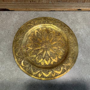 Vintage Decorative Middle Eastern Brass Carved Round Plate, Elegant Wall Decor, Gift Idea