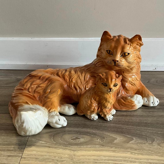 Vintage Ronzan Ceramic Cat Statue: Large Persian Cat Figurine