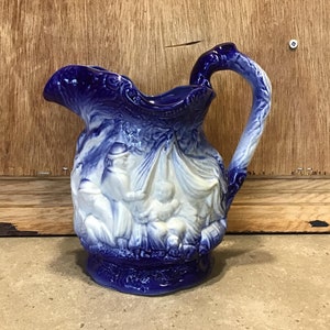 Vintage Ironstone Jug - Burleigh Ironstone Pitcher, Babes In The Wood Pattern, Blue, Relief Moulded 7&quot;, Staffordshire England