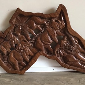 Vintage Hand Carved Continent of Africa and Big Animals Wooden Wall Hanging | Elephant, Rhino, Lion, Muskox, Plaque Safari Animals