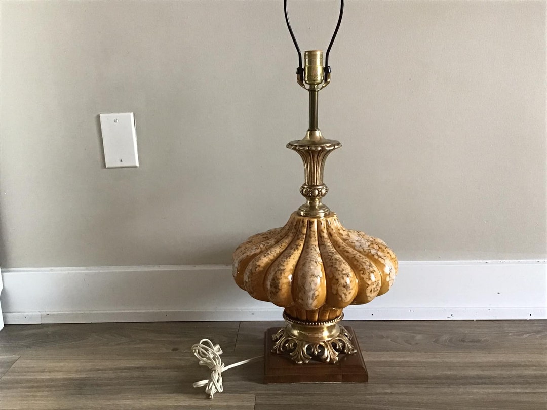 Vintage Table Lamp Wooden Base With Gold Tone Pedestal Ceramic Etsy