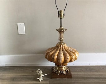 Vintage Table Lamp Wooden Base with Gold Tone Pedestal Ceramic Brown Yellow Drip Glaze, Gourd Form