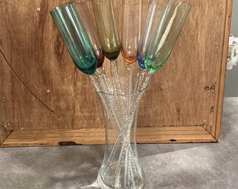 Vintage Rainbow Bouquet Footless Champagne Flutes - Set of 6 with Clear Glass Vase - Hand-Blown Art Glass Barware - MCM Style
