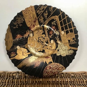Vintage Wooden Plate with Hand Painted - Black and Gold with Brown Decorative Three Toned Wood Art Plate - Vintage Retro Boho Home Decor