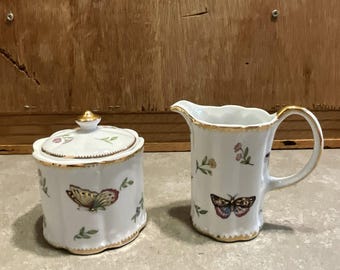 Juego de azucarero y lechera vintage, porcelana con mariposas y libélulas, juego de té con diseño de jardín botánico y detalles dorados, regalo para amantes de la naturaleza.