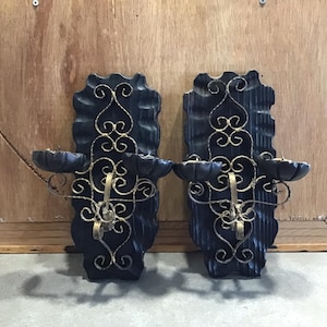 2 Vintage Wall Wooden Candle Holders, Mid Century Pair Wood with Metal Details Candle Holders, Made in Spain