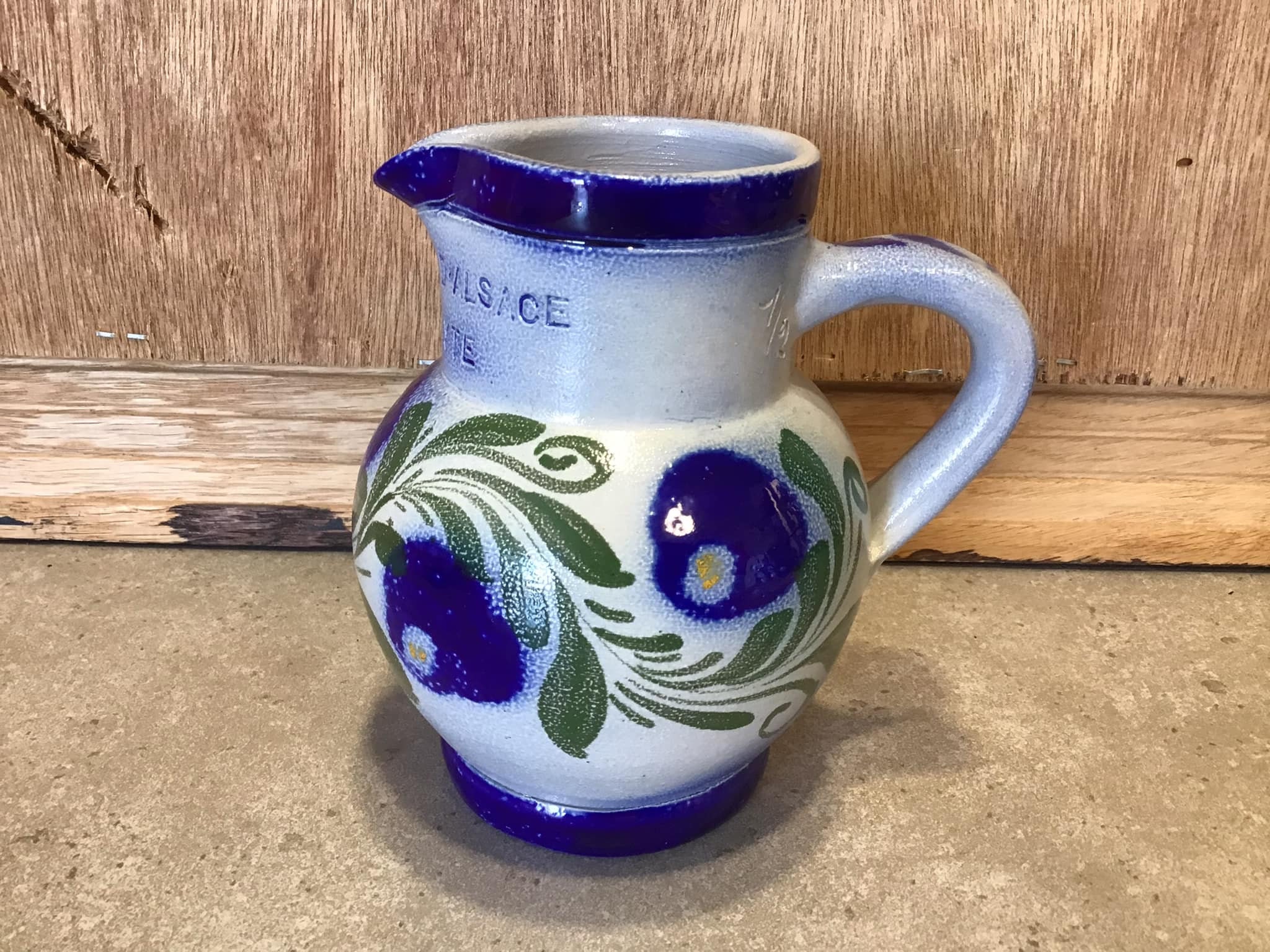 Vintage Cobalt Salt Glazed Pottery Pitcher Gres D'Alsace Signed Made in France
