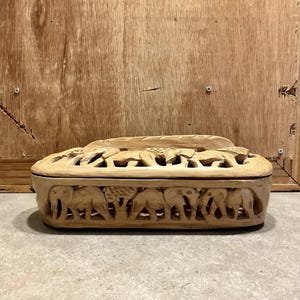 Vintage Carved Wood Lidded Box Storage with Elephants, Wooden Trinket Box