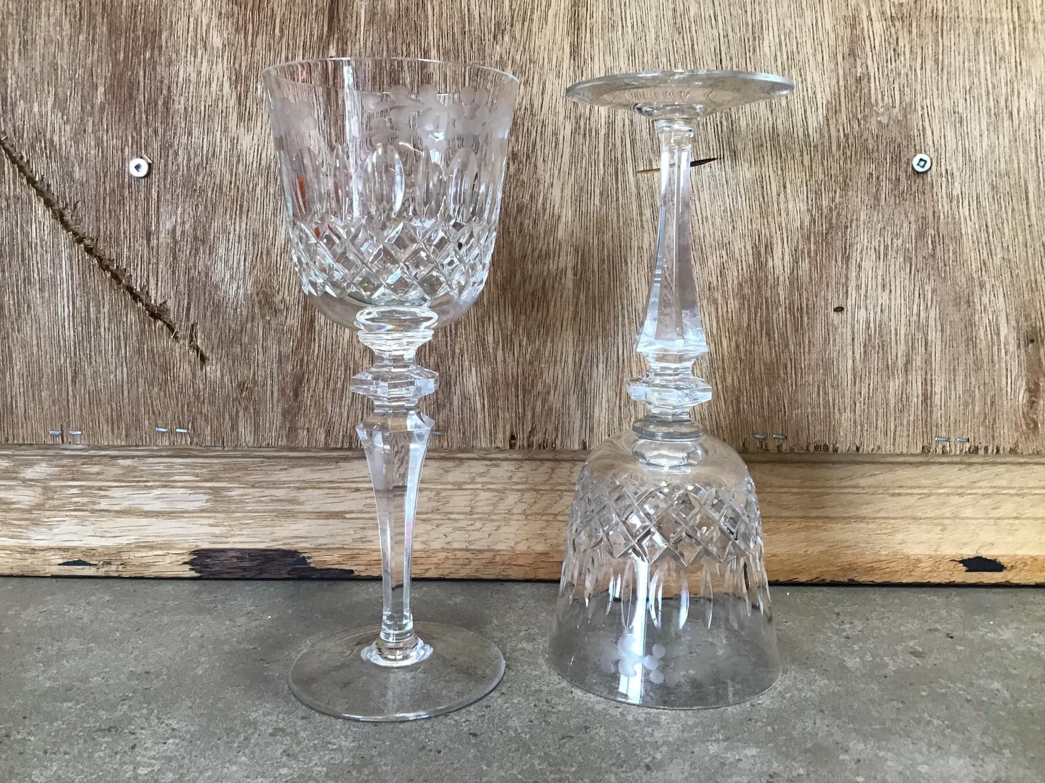 Set of 2 Antique Etched Crystal Wine Glasses, Tall Tulip Goblets