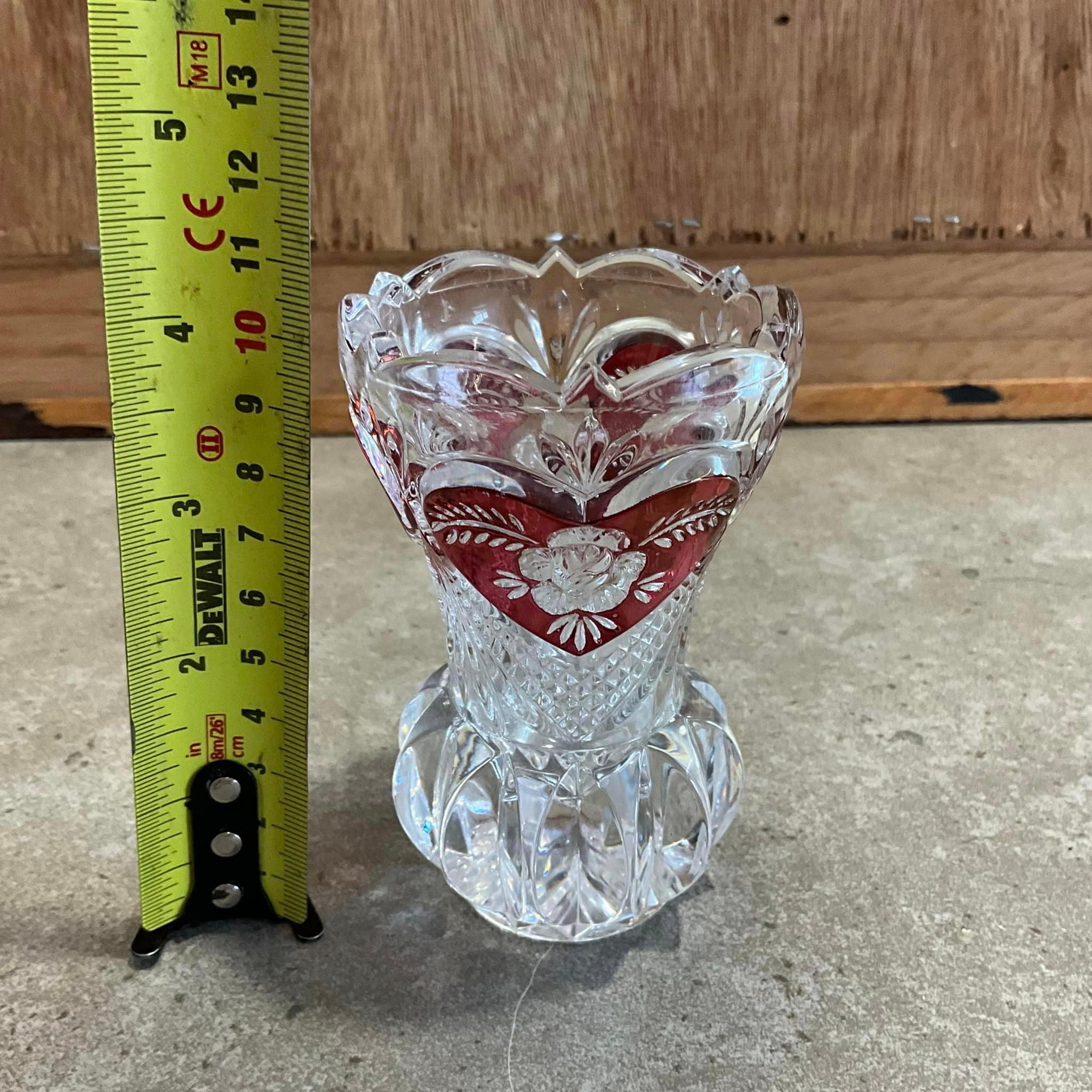 ヴィンテージ　ハート　花瓶♡ ヴィンテージカット クリア レッド ハート ローズ スモール 花瓶 3.8