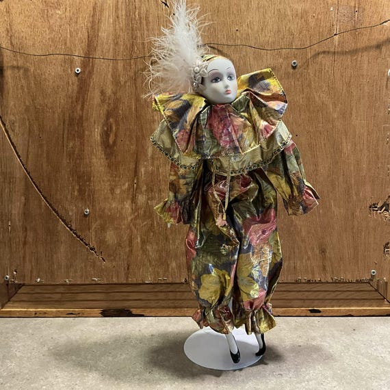Vintage Pierrot Clown Doll Porcelain Head Arms Feet Pink & Golden