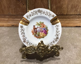 Vintage Limoges Porcelain Ashtray, Victorian Couple Scene, Gold Trim