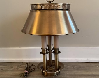 Vintage Brass Tone Shade Bouillotte Style Desk Table Lamp with 3 Light Candle