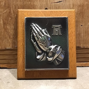 Vintage PRAYING HANDS Metal on Wood, Religious Wall Plaque Made in West Germany