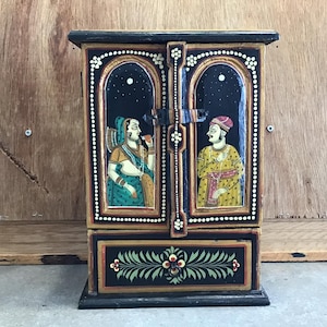 Antique Hand-Painted Indian Cabinet: Rustic Folk Art Jewelry Storage