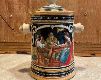 Vintage West Germany Majolica Jar – Lidded Pottery Punch Bowl Tureen – German Relief Tavern Scene – Lion Head Handles Cookie Jar