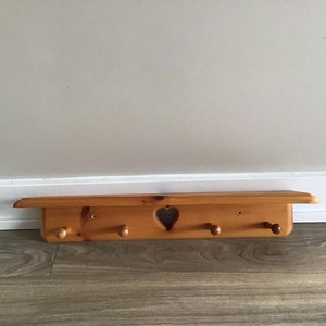 Vintage Wood Hanging Wall Shelf with 4 Hooks and Groove for Plates, Heart