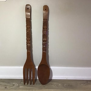 Vintage Extra Large Carved Wood Fork And Spoon 36 Inches - Wall Decor Retro 70&#39;s Era Kitchen Wall Hanging