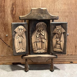 Vintage Polish Wood Triptych Icon: Madonna & Saints, Folk Art