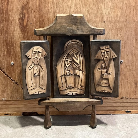 Vintage Polish Wood Triptych Icon: Madonna & Saints, Folk Art