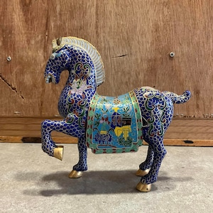Chinese Cloisonné War Horse Statue, Cloisonné Horse Figurine, Chinese Sanchi War Horse, Tang Dynasty Horse, Tang War Horse