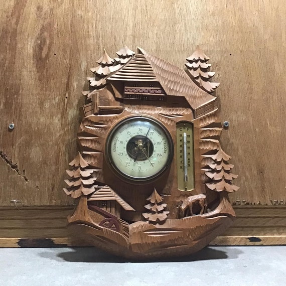 STORM BECKER ビンテージアナログ時計 Vintage German Carved Wood Barometer Thermometer: Weather Station