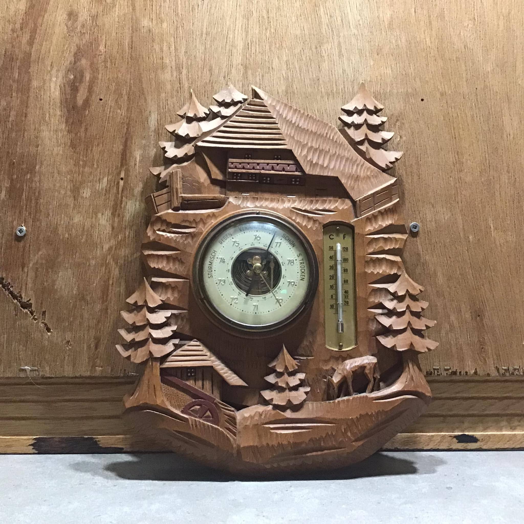 STORM BECKER ビンテージアナログ時計 Vintage German Carved Wood Barometer Thermometer: Weather Station