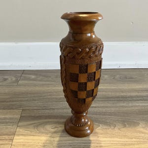 VTG Wood Carved Vase Ornate 11.6&quot; Pedestal Base