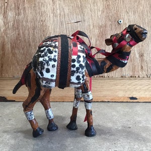 Vintage Brown Leather Camel Figure Hand Crafted Animal Statue, Figurine, Home Decor