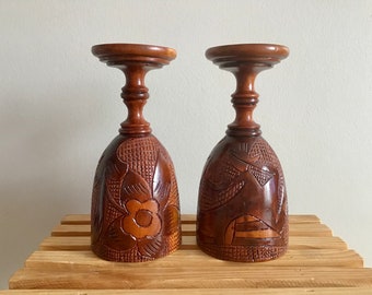2 Vintage Wood Goblets Floral