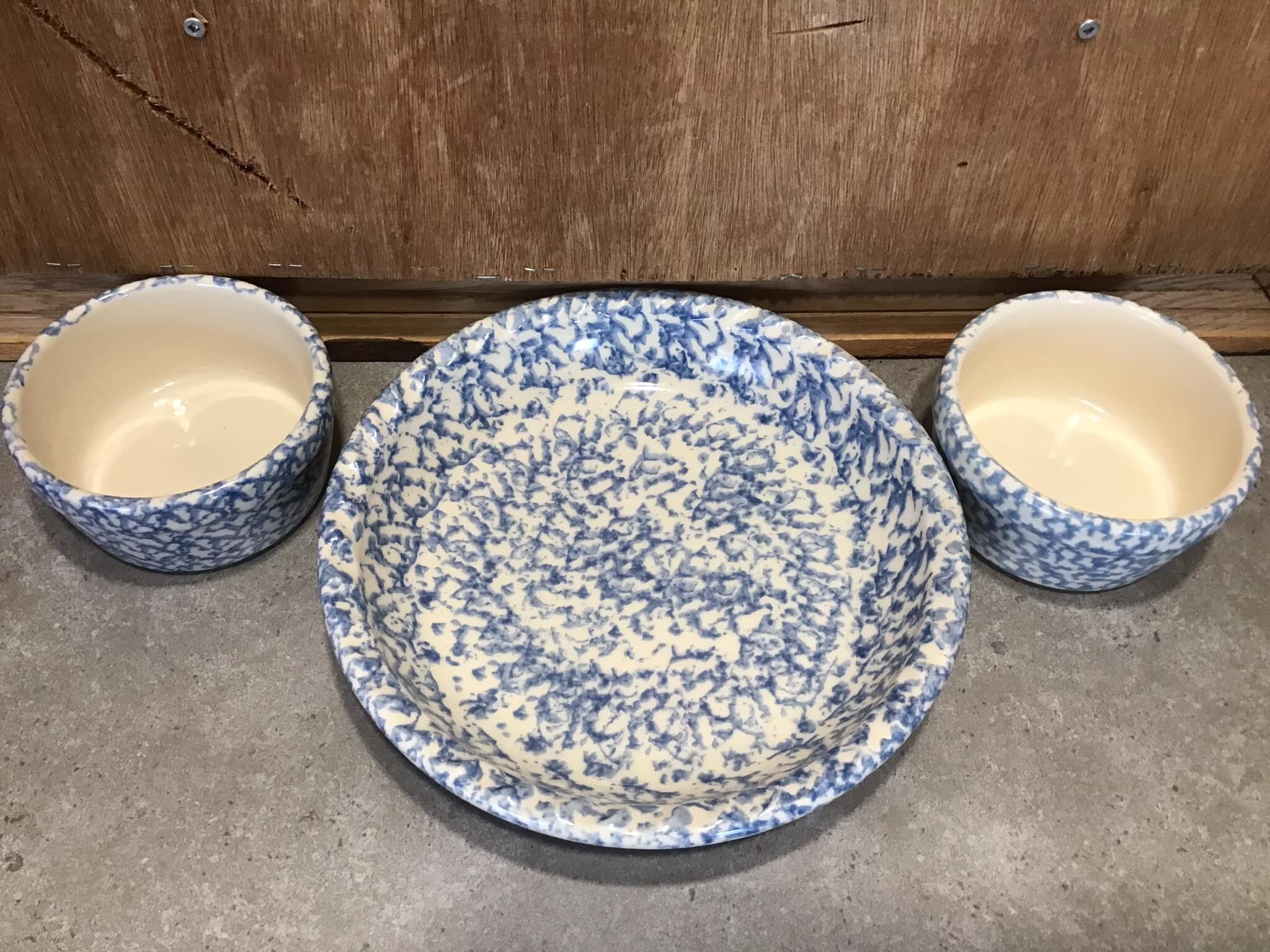 3 Roseville Pottery Blue Spongeware Bowls Gerald Henn. Very Etsy