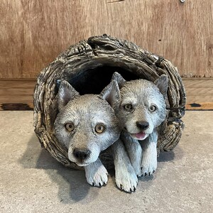 Sandicast Natures Habit Wolf, Gray Pups in Log, Wild Animals