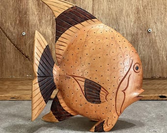Wood Fish Sculpture - Wooden Carving - Coastal Beach House Decor - Seaside Cottage - Fish Scale Detail.