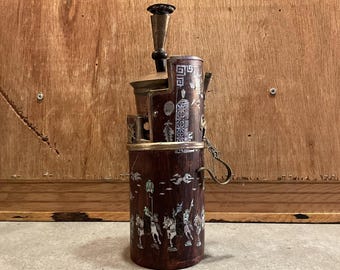 Old Chinese Mother Of Pearl Inlaid Water Pipe antique Chinese bamboo inlay ornate relief metal mounts hook hanging - RARE