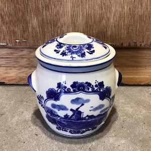 Vintage Delft Marnes Porcelain Mustard Jar Blue White Delftware Jam Pot Lid