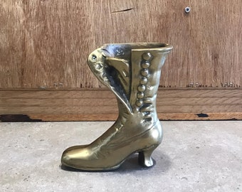 Vintage Brass Victorian Boot Vase: Ladies High Heel Decor