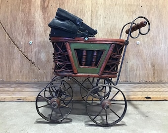 Vintage Mini 10" High Victorian Style Stroller Wood Metal & Fabric Pram Carriage Buggy Decor Photography Vintage Gift Home Decor