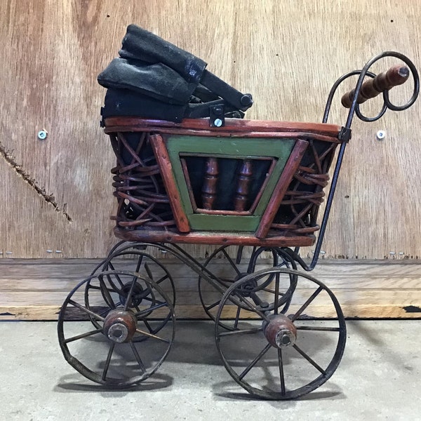 Vintage Mini 10" High Victorian Style Stroller Wood Metal & Fabric Pram Carriage Buggy Decor Photography Vintage Gift Home Decor