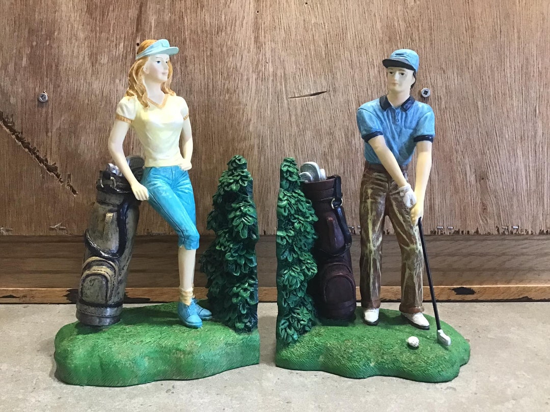 2 Vintage Bookends Golf Statues Male & Female Pair Golfers Etsy