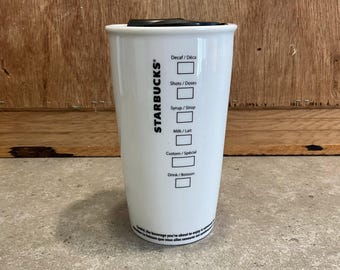STARBUCKS White Ceramic Travel Tumbler Cup Lid Green Siren logo 12 oz