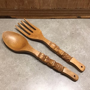 Vintage Carved Wood Fork And Spoon 12 Inches, Tiki Fork and Spoon Wood Decor MCM Salad Servers