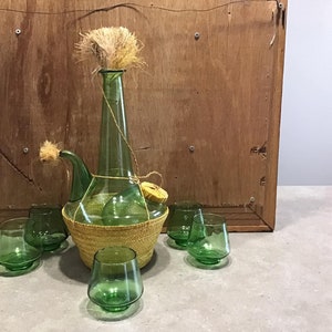 Vintage Hand Blown Italian Green Glass Wine Decanter with Ice Chamber and Straw Stopper and 5 wine Glasses Made in Italy