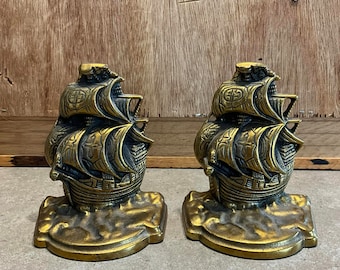 ヴィンテージ真鍮ガレオン船用ブックエンド - 1930年頃の航海装飾