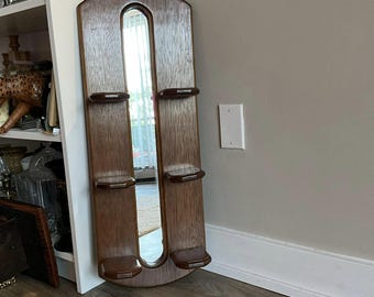 Vintage Wooden Mirror with 6 Shelves, Mirrored Wall Shelf. Old Wall Decor